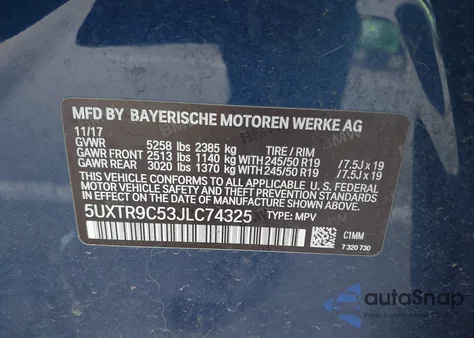 2018 BMW X3 xDrive30I из США, поврежденный, VIN 5UXTR9C53JLC74325